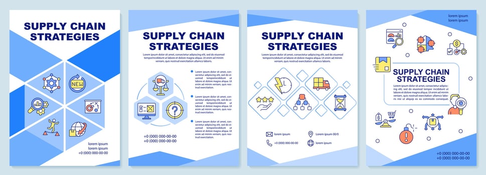 Supply chain strategies blue brochure template. Management. Leaflet design with linear icons. Editable 4 vector layouts for presentation, annual reports