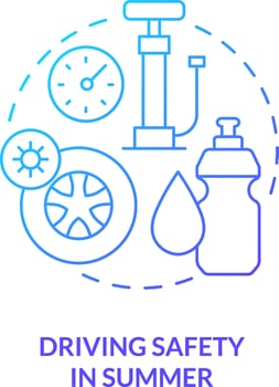 Driving safety in summer blue gradient concept icon. Check tires. Situational driving safety abstract idea thin line illustration. Isolated outline drawing vector