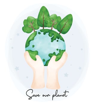 Eco envirentalment friendly save our planet, two hands holding a greenery earth planet watercolor painting. vector