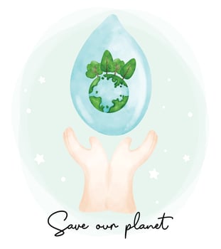 Eco envirentalment friendly save our planet, two hands holding a water clear drop with greenery earth planet inside watercolor painting. vector