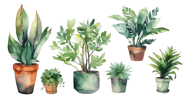Watercolor set of cozy cute house plants. Inspiration quotes. Home gardening. illustration. png