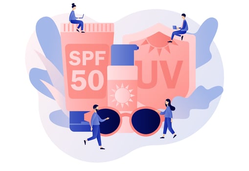 UV protection concept. Products with different SPF levels. Tubes and bottles of sunscreen cream, lotion, gel. Modern flat cartoon style. Vector illustration on white background