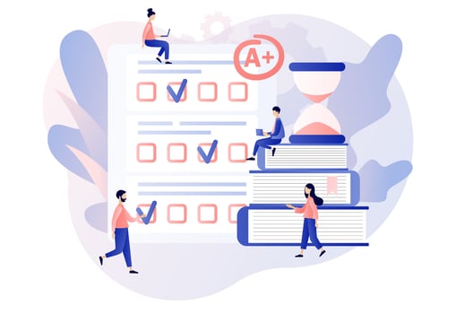 Exam concept. Tiny students with test exam result. Education, studying, Digital elearnning, degree, graduate concept. Modern flat cartoon style. Vector illustration on white background