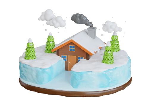 House Building in Forest Covered Snow 3D illustration. house under winter snowfall. Winter Season Blizzard Warning png