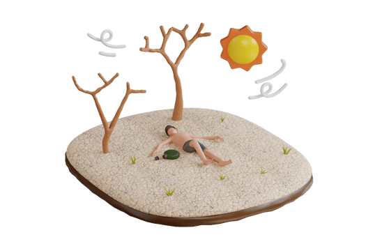 Earth is Dried Up by Sun. Trees and Grass Died, Soil Cracked. He lost consciousness because of the hot sun. Environmental Disaster. 3d illustration png