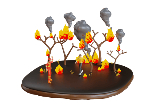3D Natural disasters forest fires. people running away from flame of burning forest trees. 3d illustration png