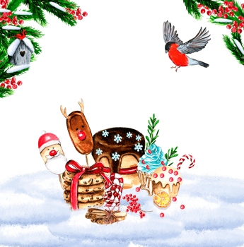 Composition for Christmas. Gifts, cupcake, cake,cookies,fir branches.Watercolor hand drawn illustration. Winter holiday. png