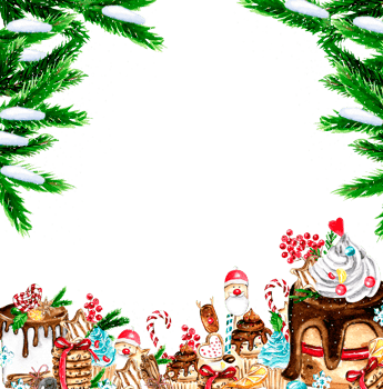 Composition for Christmas. Gifts, cupcake, cake,cookies,fir branches.Watercolor hand drawn illustration. Winter holiday. png