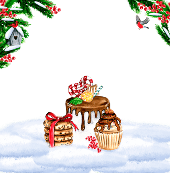 Composition for Christmas. Gifts, cupcake, cake,cookies,fir branches.Watercolor hand drawn illustration. Winter holiday. png