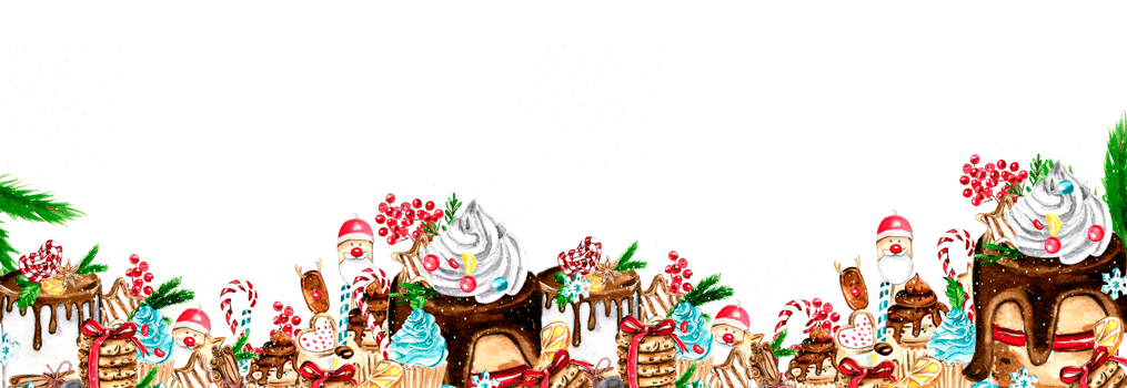 horizontal seamless background for Christmas. Gifts, cupcake, cake,cookies,fir branches.Watercolor hand drawn illustration. Winter holiday. png