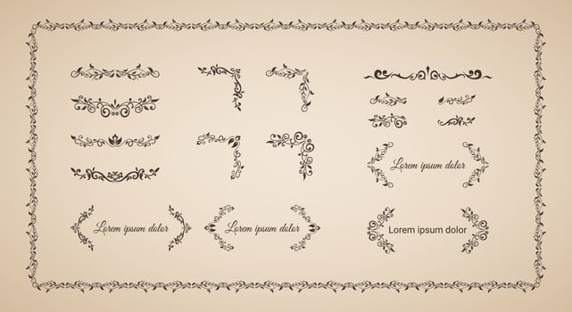 A collection Hand drawn calligraphy ornament borders corners classic vintage vector