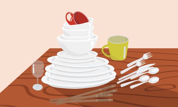White ceramic bowl and plate stack on wood table vector set. Kitchen household concept. Pile of bowl and plate. Clean dishes vector set isolated. Pile of dishes. Dishes stack. White dishes.