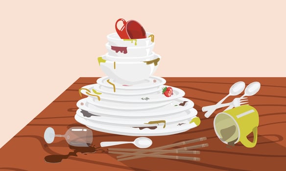 Stack of dirty dishes on wood table. Pile of unwashed dishes with food stain. White kitchen household cutlery before washing. Detergent label design template. Flat vector  in cartoon style.