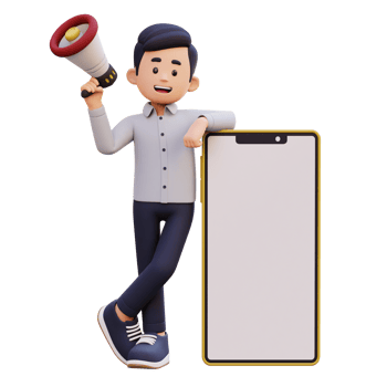 3D Male Character Holding Megaphone and Laying on a Big Smart Phone with Empty Screen png