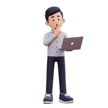 3D Male Character Thinking and Working on a Laptop png