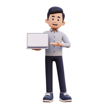 3D Male Character Holding and Presenting to a Laptop with Empty Screen png