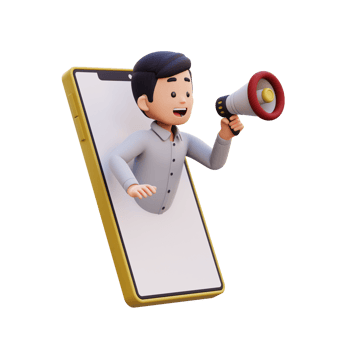 3D Male Character Jumping out of a Smartphone Screen with a Megaphone png