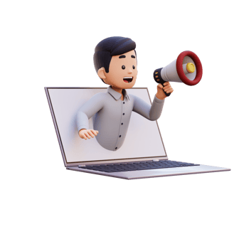 3D Male Character Jumping out of a Computer Screen with a Megaphone png