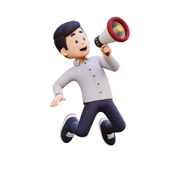 3D Male Character Jumping with Enthusiasm while Holding a Megaphone png