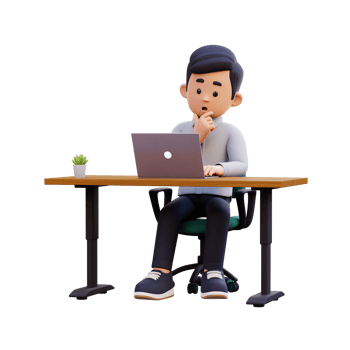 3D Male Character Engaged in Thoughtful Work on a Laptop png