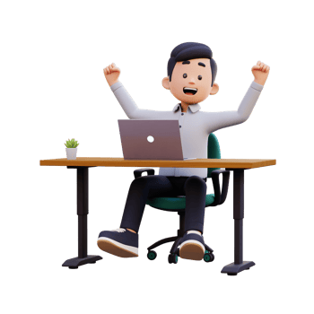 3D Male Character Joyfully Engaged in Work on a Laptop png