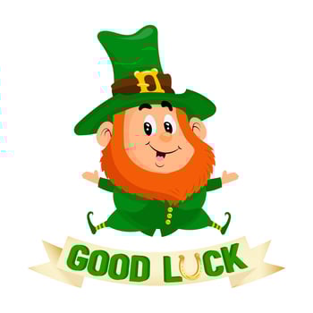 St. Patrick's Day illustration, Cute leprechaun with ribbon Good luck with golden horseshoe. Postcard, holiday banner, vector