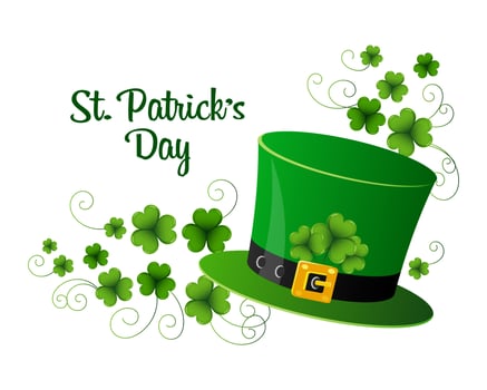 St. Patrick's Day illustration, leprechaun hat decorated with clover leaves. Postcard, holiday banner, vector