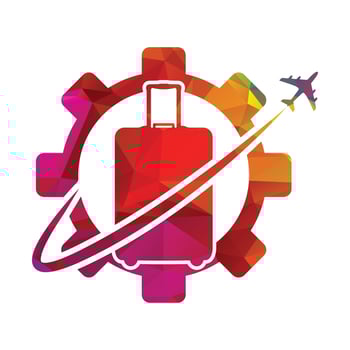Travel agency logo with gear icon and bag vector illustration