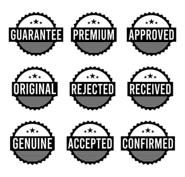 Stamp design set - premium quality, guaranteed, approved, sold out, postponed, confirmed, genuine, original. vector