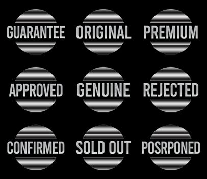 Silver Stamp design set - premium quality, guaranteed, approved, sold out, postponed, confirmed, genuine, original. vector