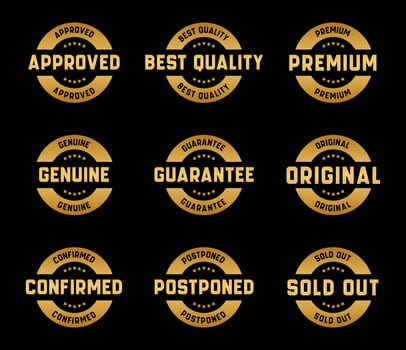 Gold Stamp design set - premium quality, guaranteed, approved, sold out, postponed, confirmed, genuine, original. vector