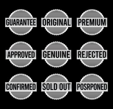 Silver Stamp design set - premium quality, guaranteed, approved, sold out, postponed, confirmed, genuine, original. vector