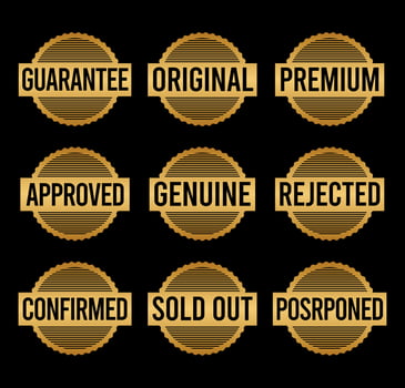 Gold Stamp design set - premium quality, guaranteed, approved, sold out, postponed, confirmed, genuine, original. vector