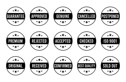 Stamp design set - premium quality, guaranteed, approved, sold out, postponed, confirmed, genuine, original. vector