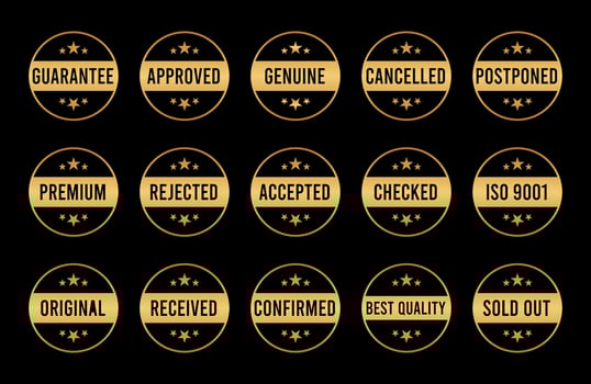 Gold Stamp design set - premium quality, guaranteed, approved, sold out, postponed, confirmed, genuine, original. vector