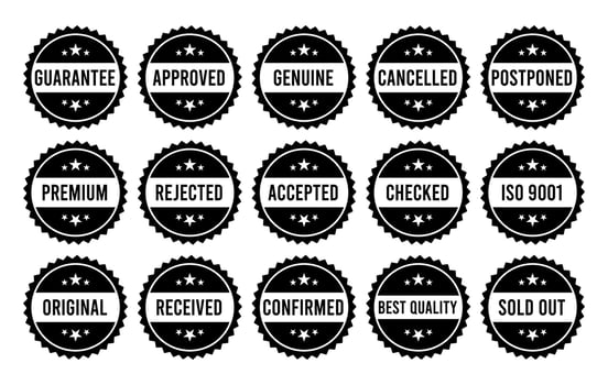 Stamp design set - premium quality, guaranteed, approved, sold out, postponed, confirmed, genuine, original. vector