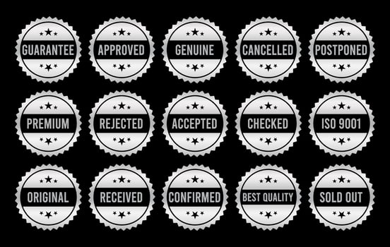 Silver Stamp design set - premium quality, guaranteed, approved, sold out, postponed, confirmed, genuine, original. vector