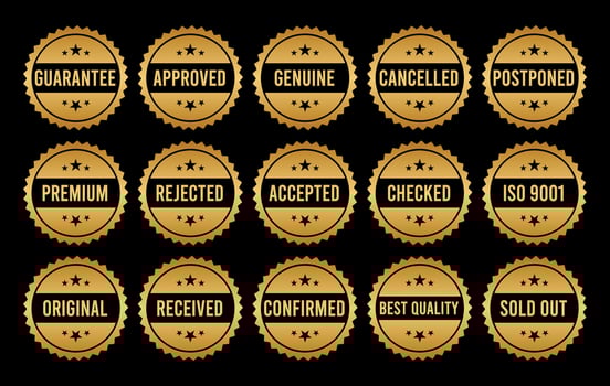 Gold Stamp design set - premium quality, guaranteed, approved, sold out, postponed, confirmed, genuine, original. vector