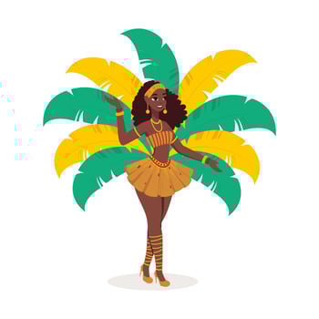 Beautiful Young Female Wearing Feather Costume In Dancing Pose. Carnival or Samba Dance Concept. vector