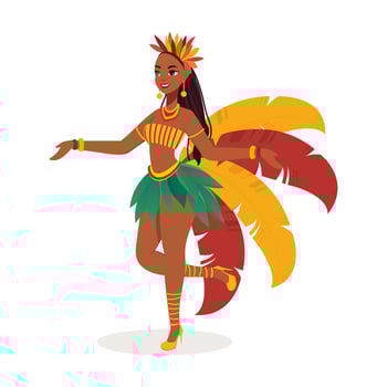 Beautiful Young Female Wearing Feather Costume In Dancing Pose. Carnival or Samba Dance Concept. vector