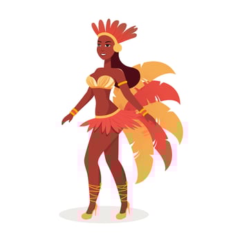 Beautiful Young Female Wearing Feather Costume In Standing Pose. Carnival or Samba Dance Concept. vector