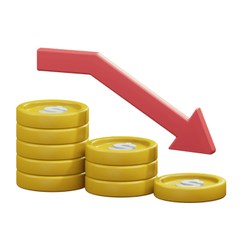 gold coin stack decrease with come down arrow for loss bankrupt financial problem 3d render icon illustration design png