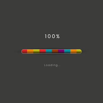 Rainbow loading bar in progress symbol, icon, banner. rainbow 100 pecent loading sign vector illustration on dark background. Used for updating and upgrade concept