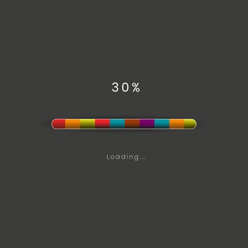 Rainbow loading bar in progress symbol, icon, banner. rainbow 30 pecent loading sign vector illustration on dark background. Used for updating and upgrade concept