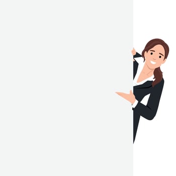 Cheerful business woman is standing behind the white blank banner and pointing down at a copy space vector