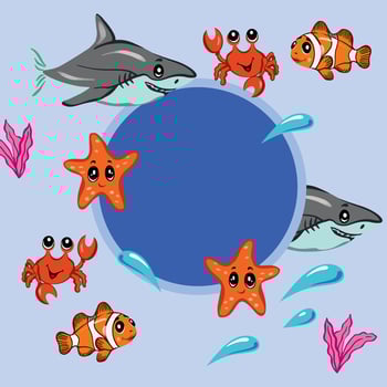 Starfish, shark, shell, crab, fish. Vector illustration on a marine theme. Banner for covers, greeting cards, summer banners, baby pictures.