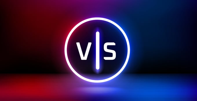 Showcase and shining neon frame and versus sign. 3d vector banner with copy space