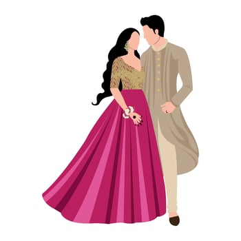 Vector vector cute indian couple cartoon in traditional dress posing for wedding invitation card design
