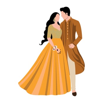Vector vector cute indian couple cartoon in traditional dress posing for wedding invitation card design