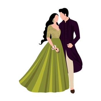 Vector vector cute indian couple cartoon in traditional dress posing for wedding invitation card design